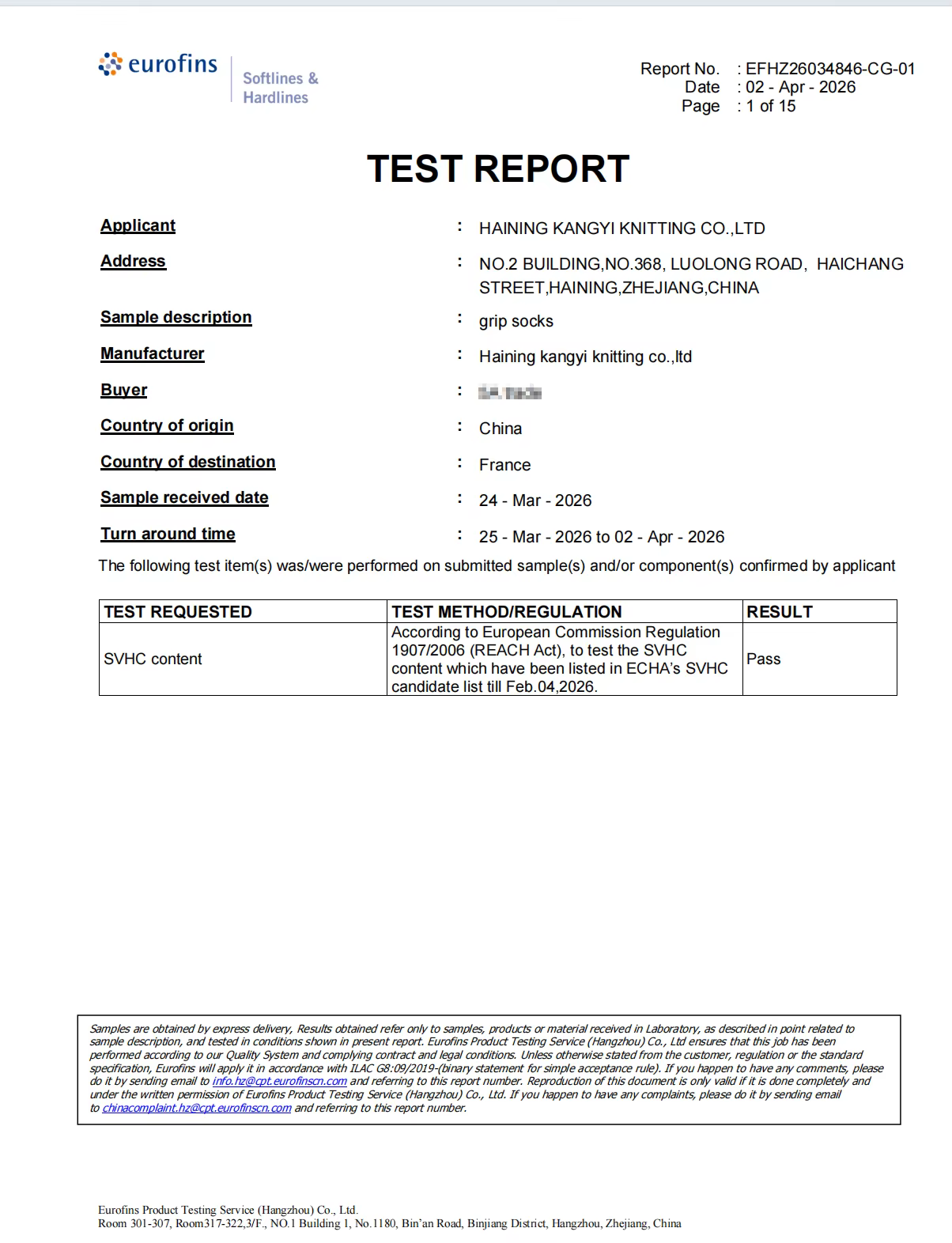 EU REACH Chemical Regulation Compliance Official Certificate Document - Kangyi Knitting